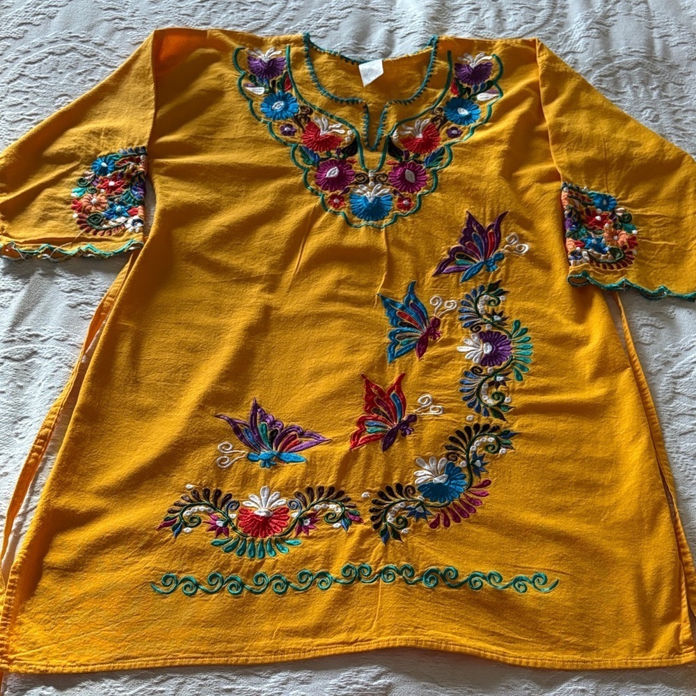 Amarte Vibrant Yellow Embroidered Mexican Tunic /Dress M Gently Loved